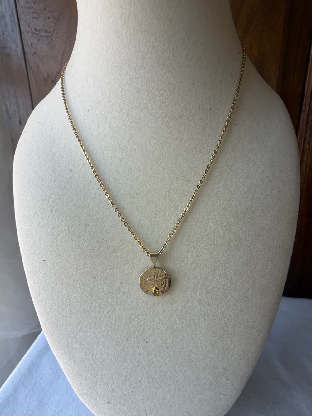 Gold Tone Sand Dollar Pendant Necklace Amber Rhinestone Coastal Beach
